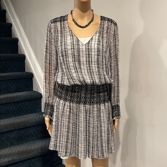 Club Monaco silk mini dress with black-and-white shirring - Picture 1 of 6